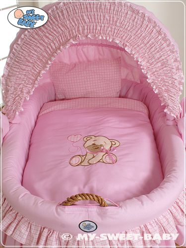 Moses Basket/Wicker crib with hood- Teddy Bear with Bow pink