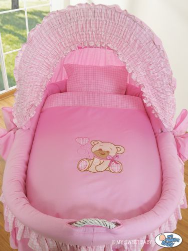 Moses Basket/Wicker crib with hood- Bear with bow pink