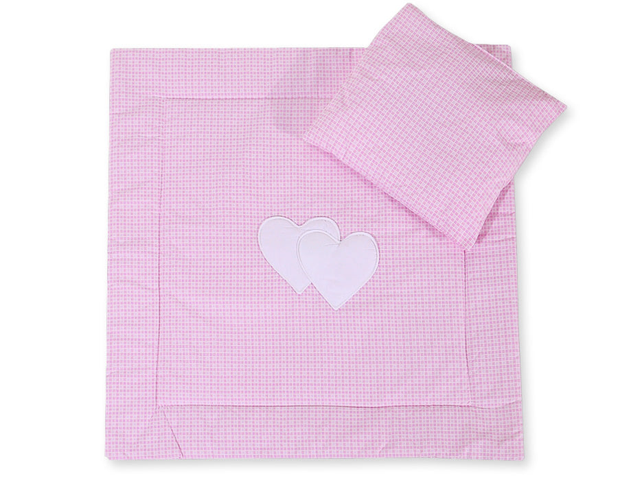 Pram bedding set with duvet and pillow 2pcs - Hearts pink checkered