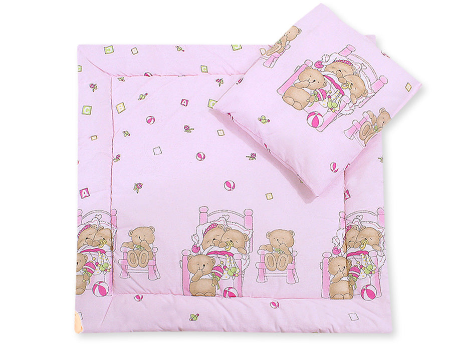 Pram bedding set with duvet and pillow 2pcs - Teddies pink