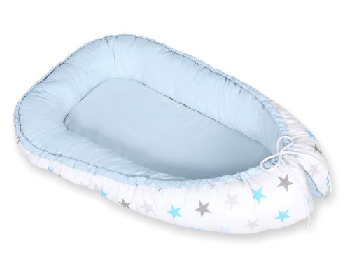 Baby nest double-sided Premium Cocoon for infants BOBONO- gray-blue stars/ blue