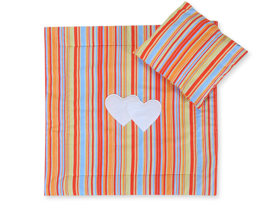 Pram bedding set with duvet and pillow 2pcs - Hearts orange strips