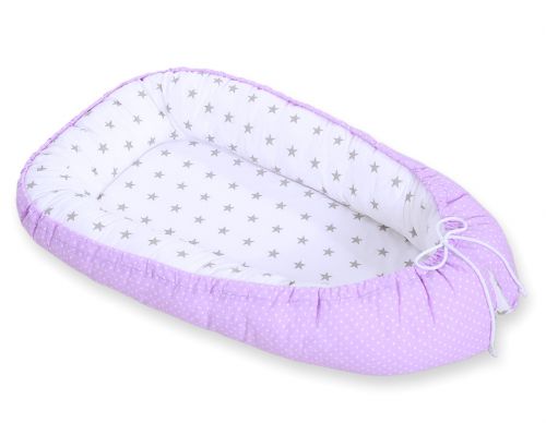 Baby nest double-sided Premium Cocoon for infants BOBONO- white polka dotd on lilac/ grey stars