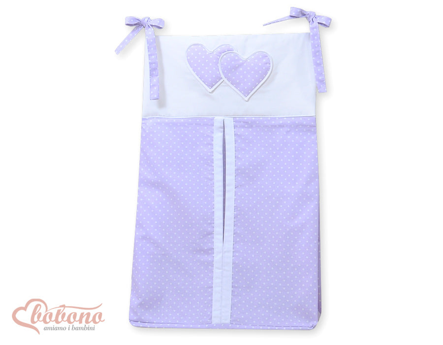 Diaper bag- Hanging Hearts white polka dots on lilac