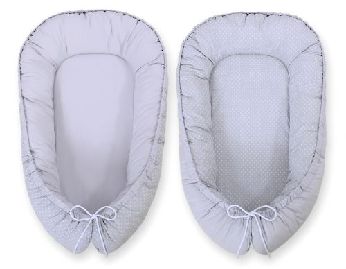 Baby nest double-sided Premium Cocoon for infants BOBONO- white polka dots on grey/grey