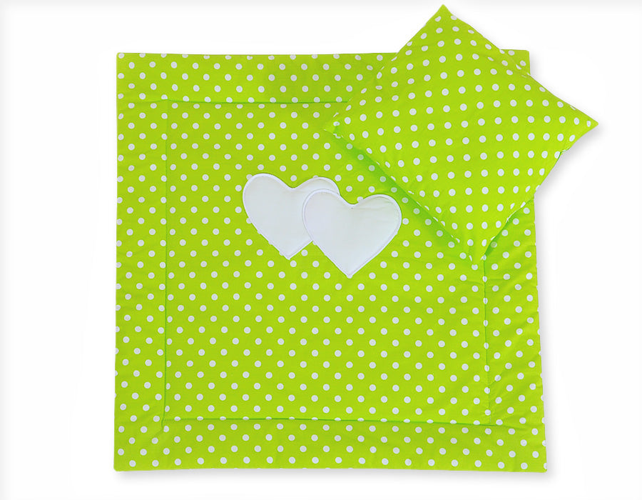 Pram bedding set with duvet and pillow 2pcs - Hearts white dots on green