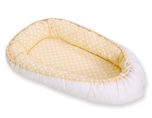 Baby nest double-sided Premium Cocoon for infants BOBONO- white dots on beige/ beige strips