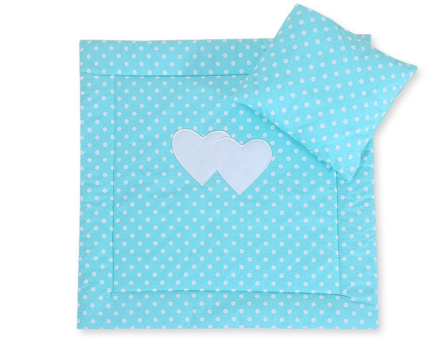 Pram bedding set with duvet and pillow 2pcs - Hearts white dots on turquoise