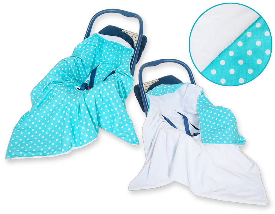 Big double-sided car seat blanket for babies - White dots on turquoise