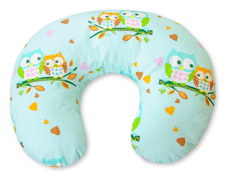 Breastfeeding Pillow Nursing Croissant Pillow, removable, Hands-Free Feeding - mint owls