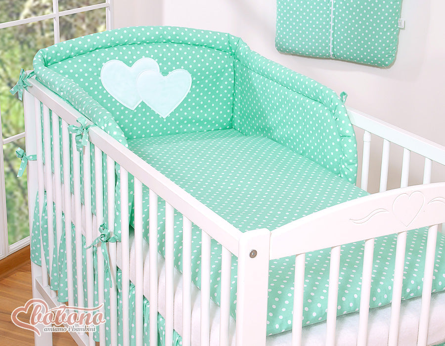 Bedding set 3-pcs 120x90 - Hanging Hearts white dots on mint