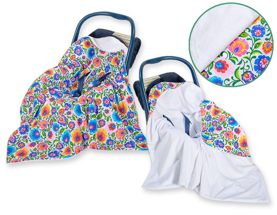 Big double-sided car seat blanket for babies - Floral pattern white