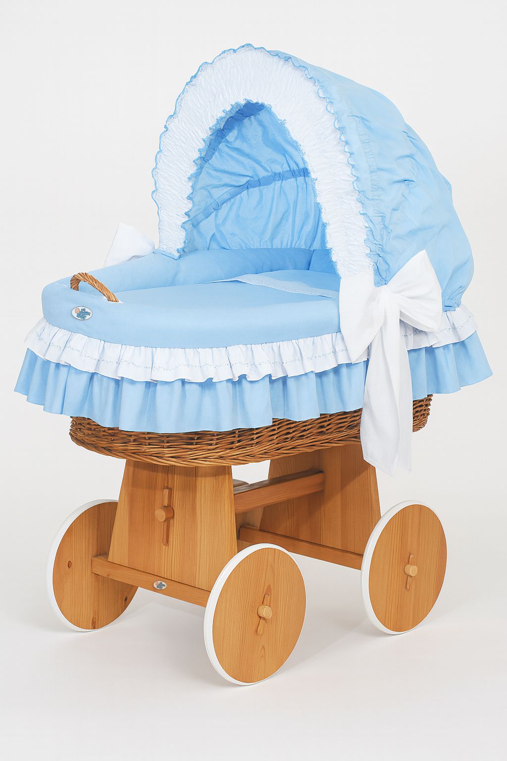 Moses Basket Wicker hood crib Bellamy - natural + blue bedding