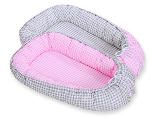 Baby nest double-sided Premium Cocoon for infants BOBONO- grey checkered/ pink checkered