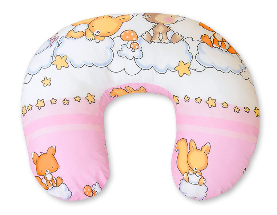 Breastfeeding Pillow Nursing Croissant Pillow, removable, Hands-Free Feeding- Forest animals pink