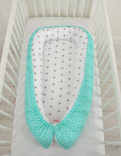 Baby nest double-sided Premium Cocoon for infants BOBONO- grey stars/ dots on mint
