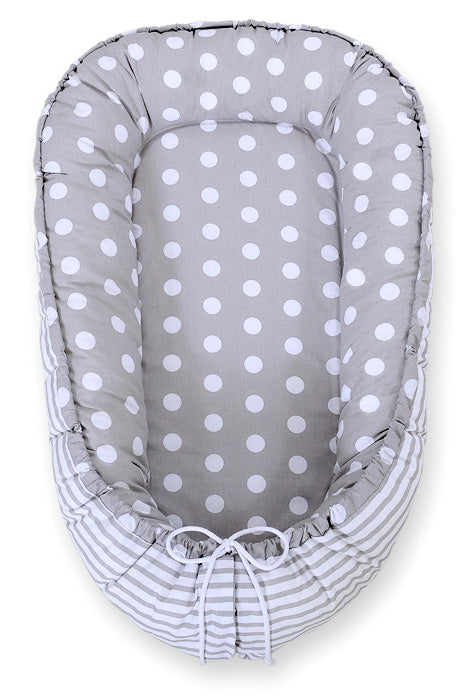 Baby nest double-sided Premium Cocoon for infants BOBONO- dots on grey/ grey strips