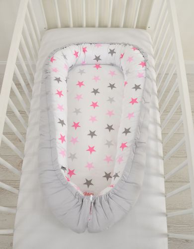 Baby nest double-sided Premium Cocoon for infants BOBONO- stars pink-grey/grey