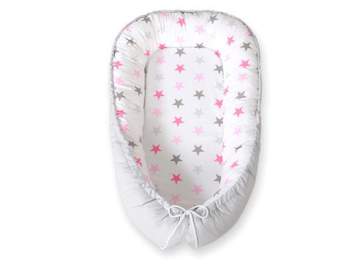Baby nest double-sided Premium Cocoon for infants BOBONO- stars pink-grey/grey