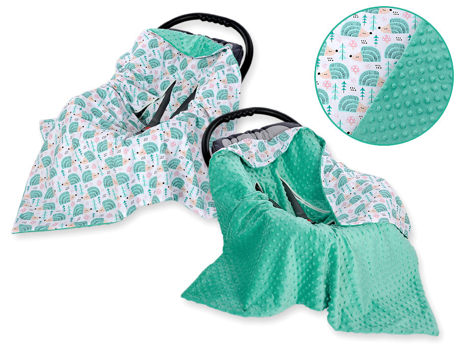 Big double-sided car seat blanket for babies - hedgehogs mint