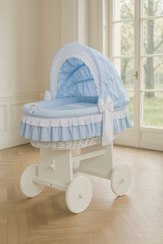 Moses Basket Wicker hood crib Bellamy - white + blue bedding