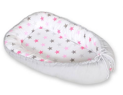 Baby nest double-sided Premium Cocoon for infants BOBONO- stars pink-grey/grey