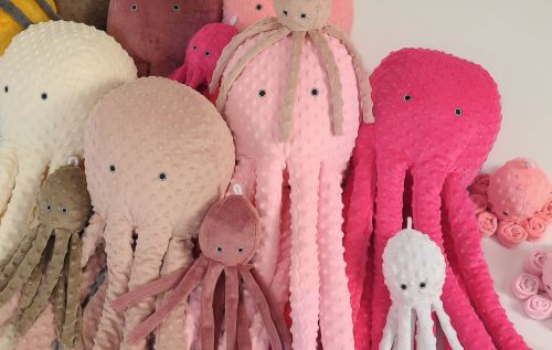 Cuddly octopus with rattle - white -polka dot minky
