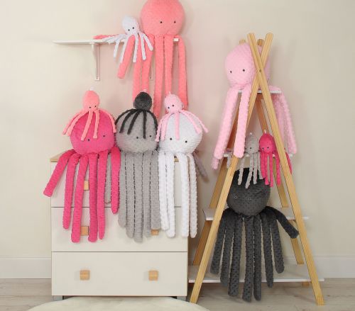Cuddly octopus with rattle - fuchsia - polka dot minky