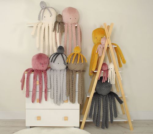 Cuddly octopus with rattle - pastel pink - polka dot minky