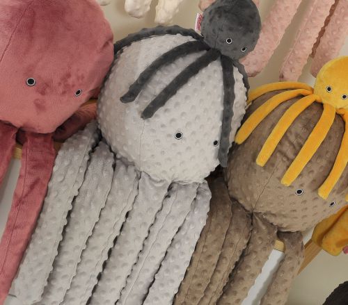 Cuddly octopus with rattle - anthracite - polka dot minky