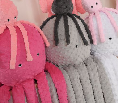 Cuddly octopus with rattle - coral - polka dot minky