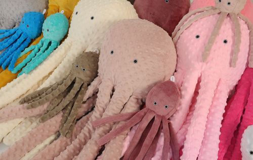 Cuddly octopus with rattle - brown - polka dot minky