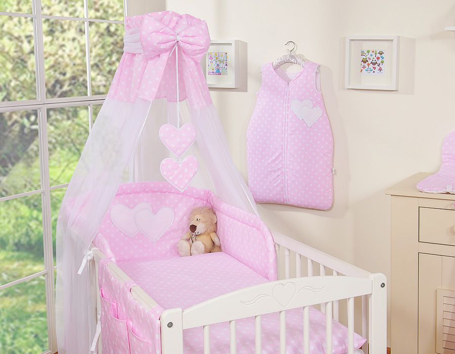 Bedding set 5-pcs 120x90 with canopy - Hanging Hearts white dots on pink