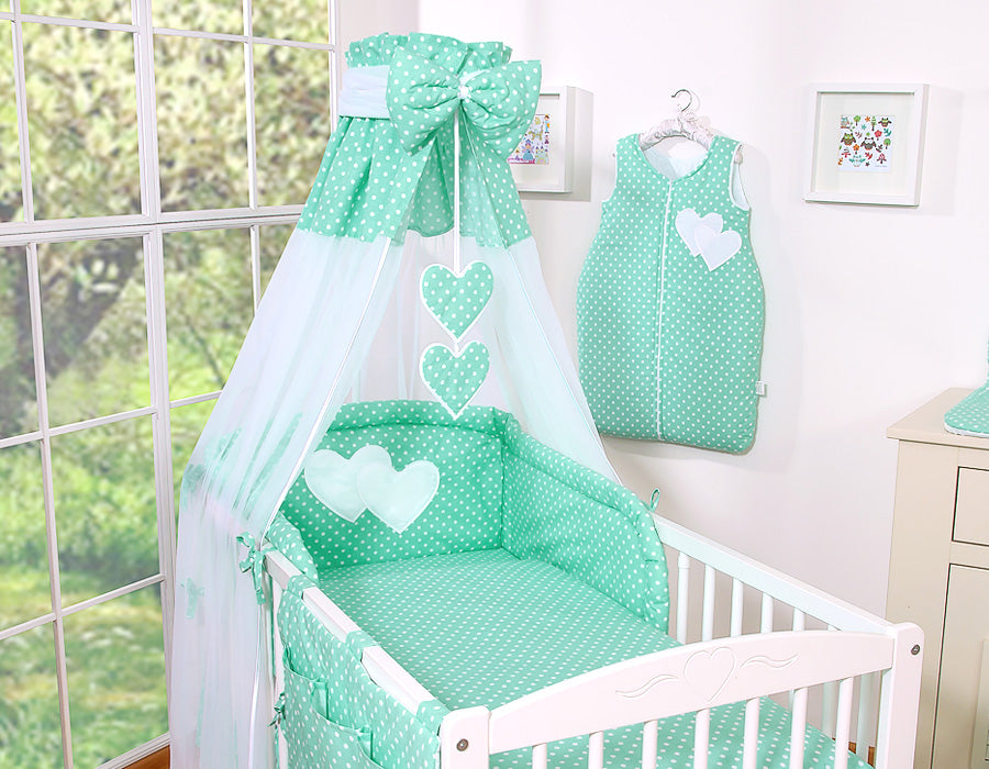 Bedding set 5-pcs 120x90 - Hanging Hearts white dots on mint