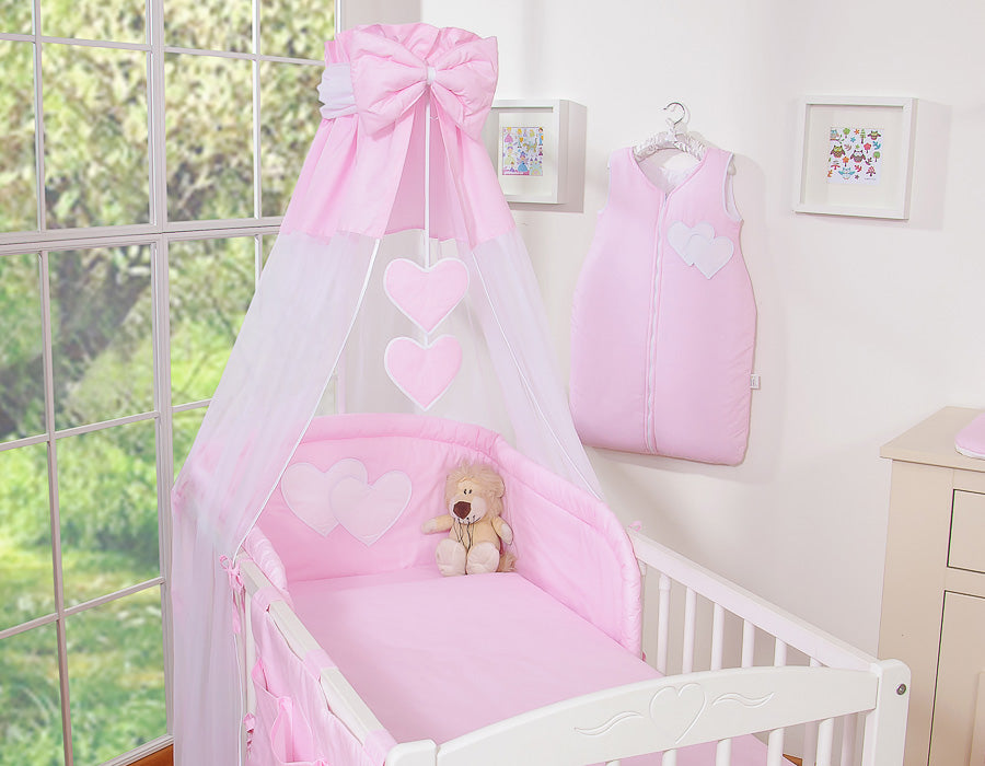 Bedding set 5-pcs 120x90 with canopy - Hanging Hearts pink strips