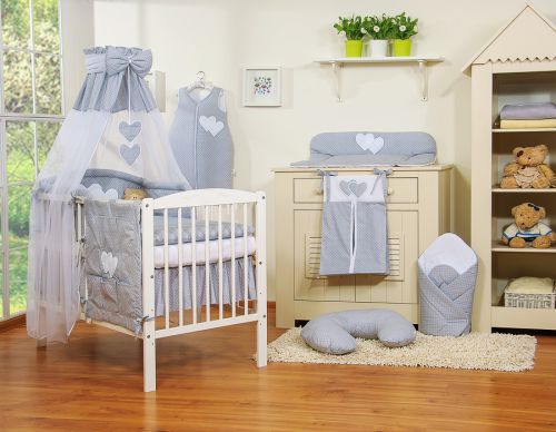 Bedding set 5-pcs 120x90 with canopy - Hanging Hearts white polka dots one grey