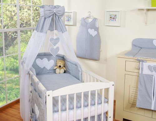 Bedding set 5-pcs 120x90 with canopy - Hanging Hearts white polka dots one grey