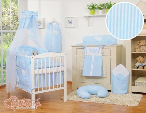 Bedding set 5-pcs 135x100 with canopy - Hanging Hearts blue strips