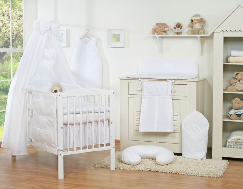 Bedding set 5-pcs 120x90 with canopy - Hanging Hearts white