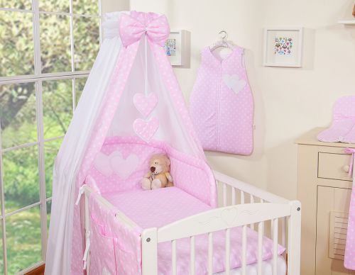 Bedding set 5-pcs 120x90 with canopy - Hanging Hearts white dots on pink