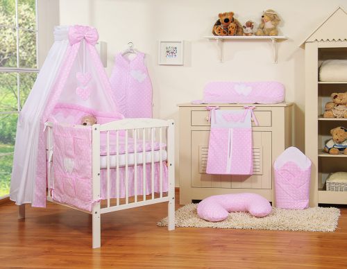 Bedding set 5-pcs 120x90 with canopy - Hanging Hearts white dots on pink