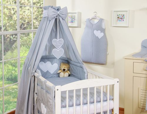 Bedding set 5-pcs 120x90 with canopy - Hanging Hearts white polka dots one grey