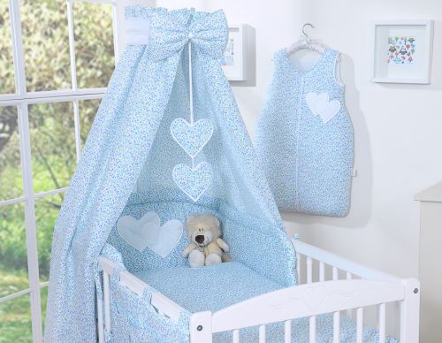 Bedding set 5-pcs 120x90 with canopy - Hanging Hearts little blue flowers