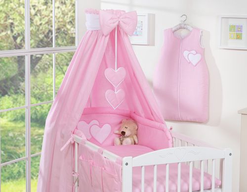 Bedding set 5-pcs 135x100 with canopy - Hanging Hearts pink