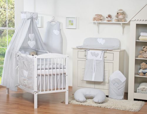 Bedding set 5-pcs 120x90 with canopy - Hanging Hearts grey