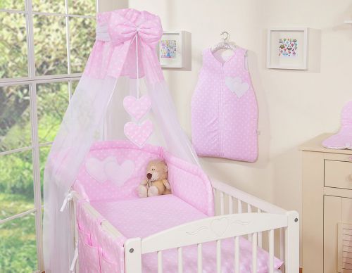 Bedding set 5-pcs 120x90 with canopy - Hanging Hearts white dots on pink