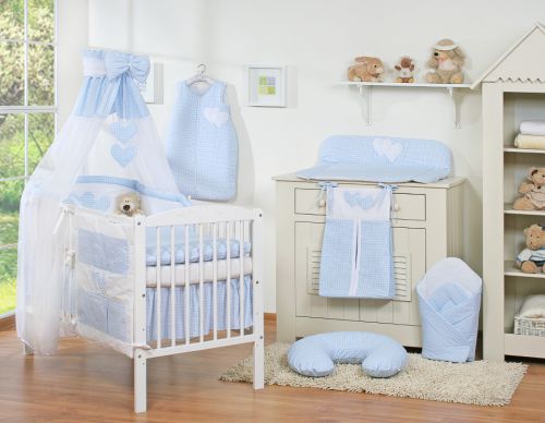 Bedding set 5-pcs 120x90 with canopy - Hanging Hearts blue checkered