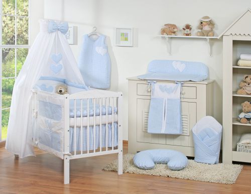 Bedding set 5-pcs 120x90 with canopy - Hanging Hearts blue checkered