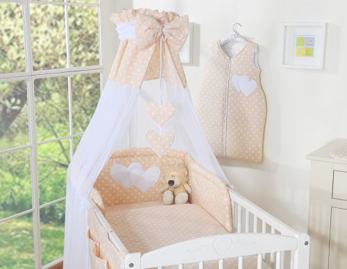 Bedding set 5-pcs 120x90 with canopy - Hanging Hearts white dots on beige