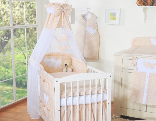 Bedding set 5-pcs 120x90 with canopy - Hanging Hearts white dots on beige